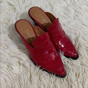 Jessica Simpson Red Croc-Embossed Pointed Toe Mule Heels